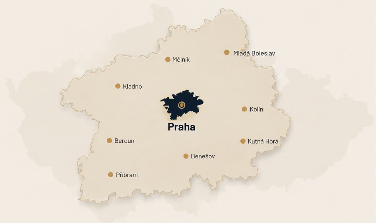 Mapa působnosti MM STAV GROUP: Praha uprostřed Středočeského kraje, s vyznačenými městy Kladno, Mělník, Mladá Boleslav, Kolín, Kutná Hora, Benešov, Příbram a Beroun